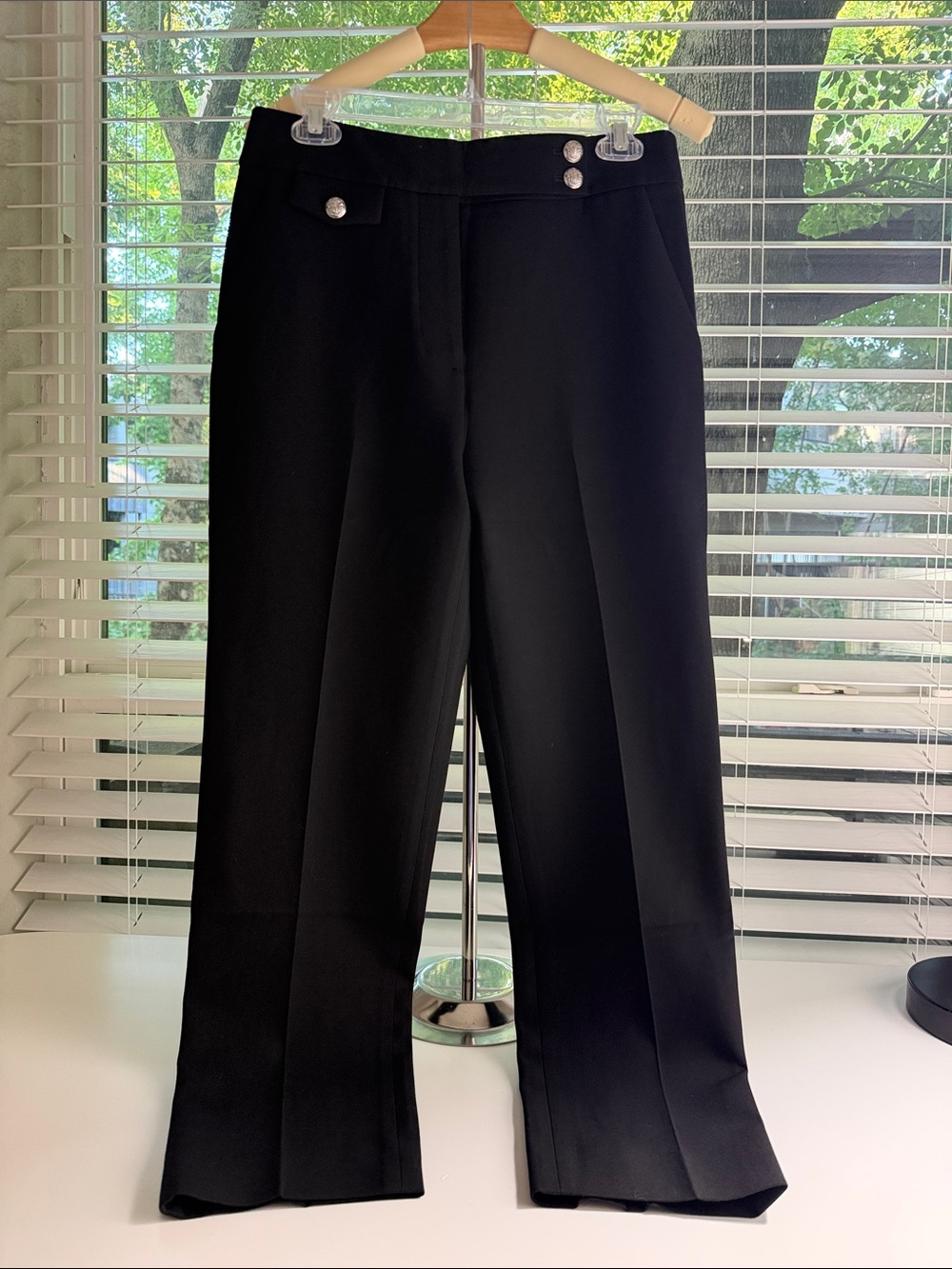 Veronica Beard Black Wide-Leg Dress Pants with Silver Buttons
